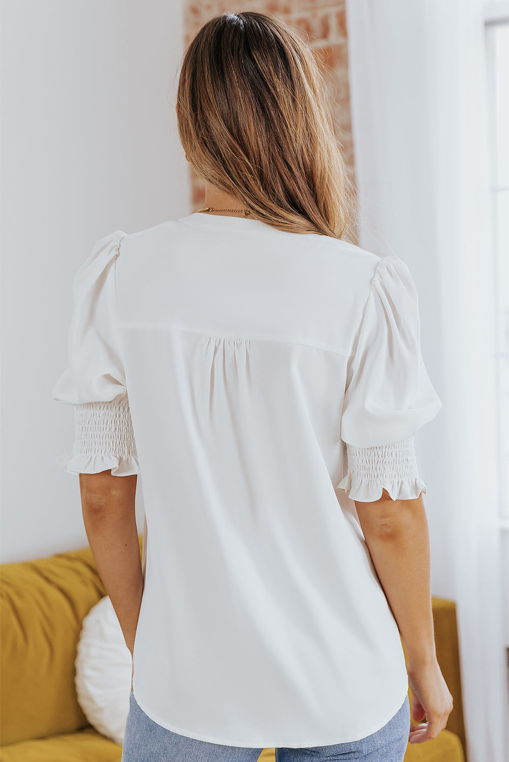 Smocked Flounce Sleeve Notched Neck Blouse, view 7