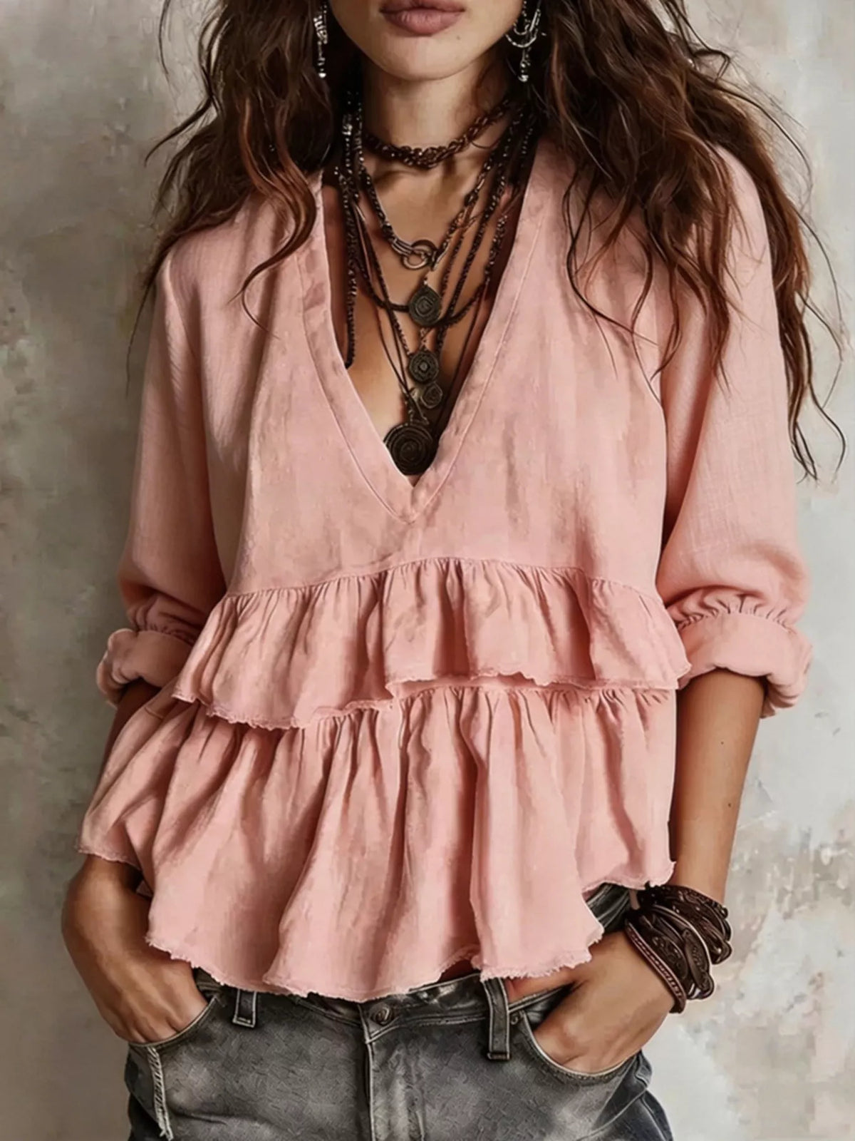 Full Size Ruffled Hem V-Neck Blouse Plus Size - Lilixa.store