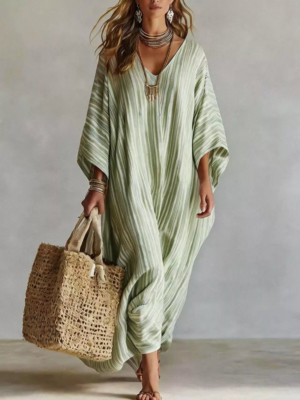 Striped V-Neck Maxi Dress - Lilixa.store