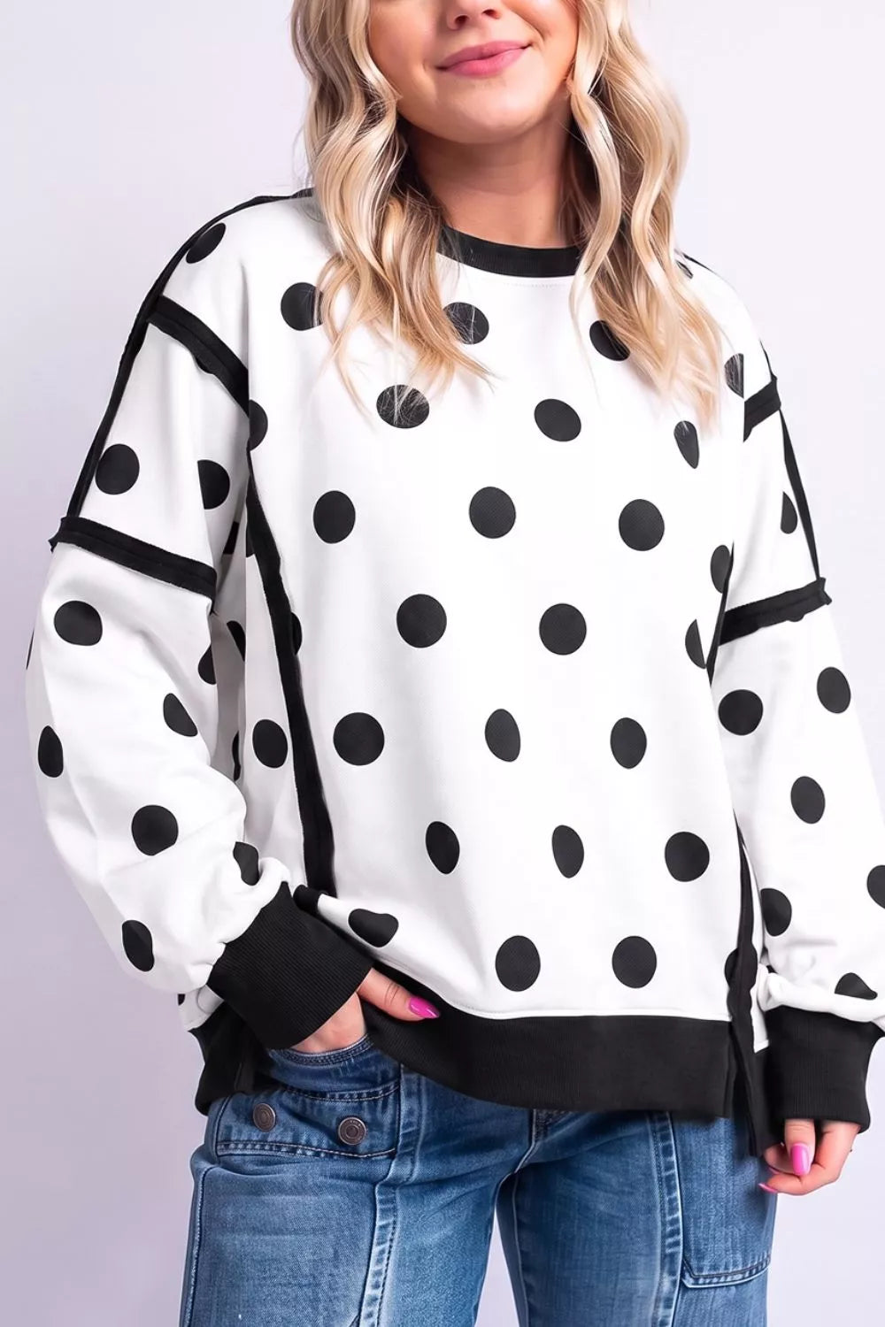 Polka Dot Crew Neck Sweatshirt - Lilixa.store