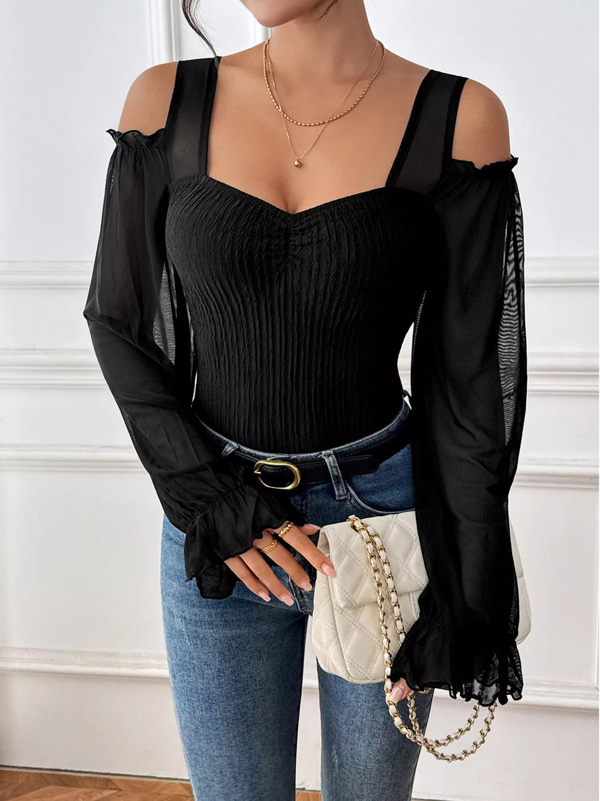 Cold Shoulder Flounce Sleeve Bodysuit - Lilixa.store