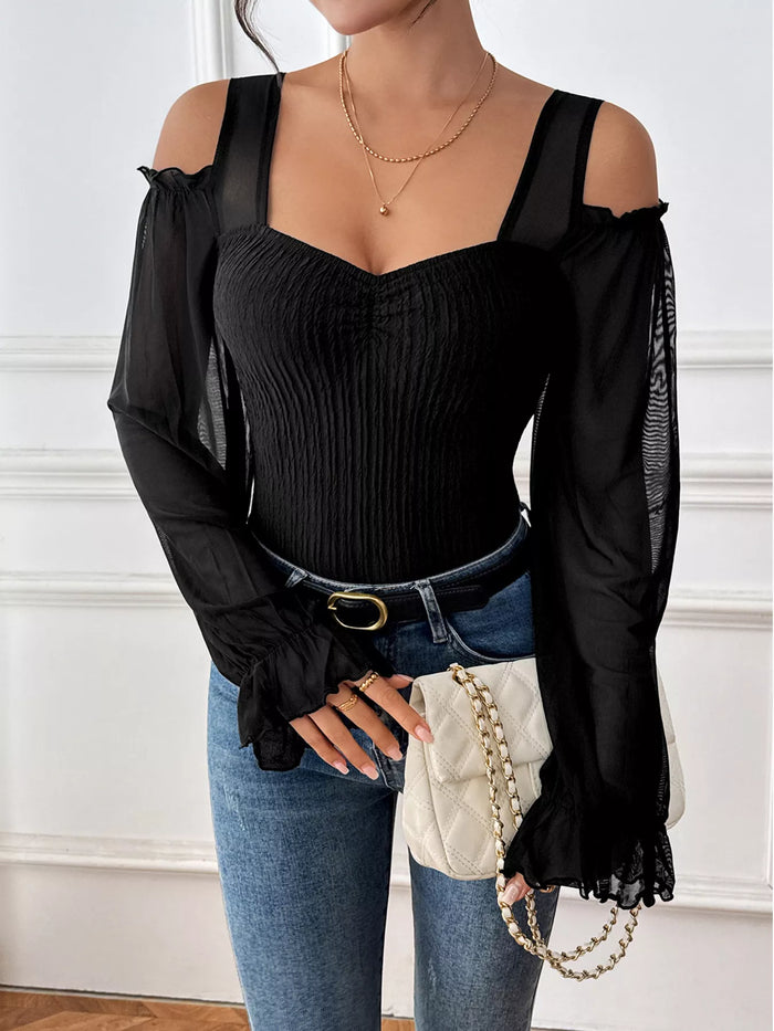 Cold Shoulder Flounce Sleeve Bodysuit - Lilixa.store