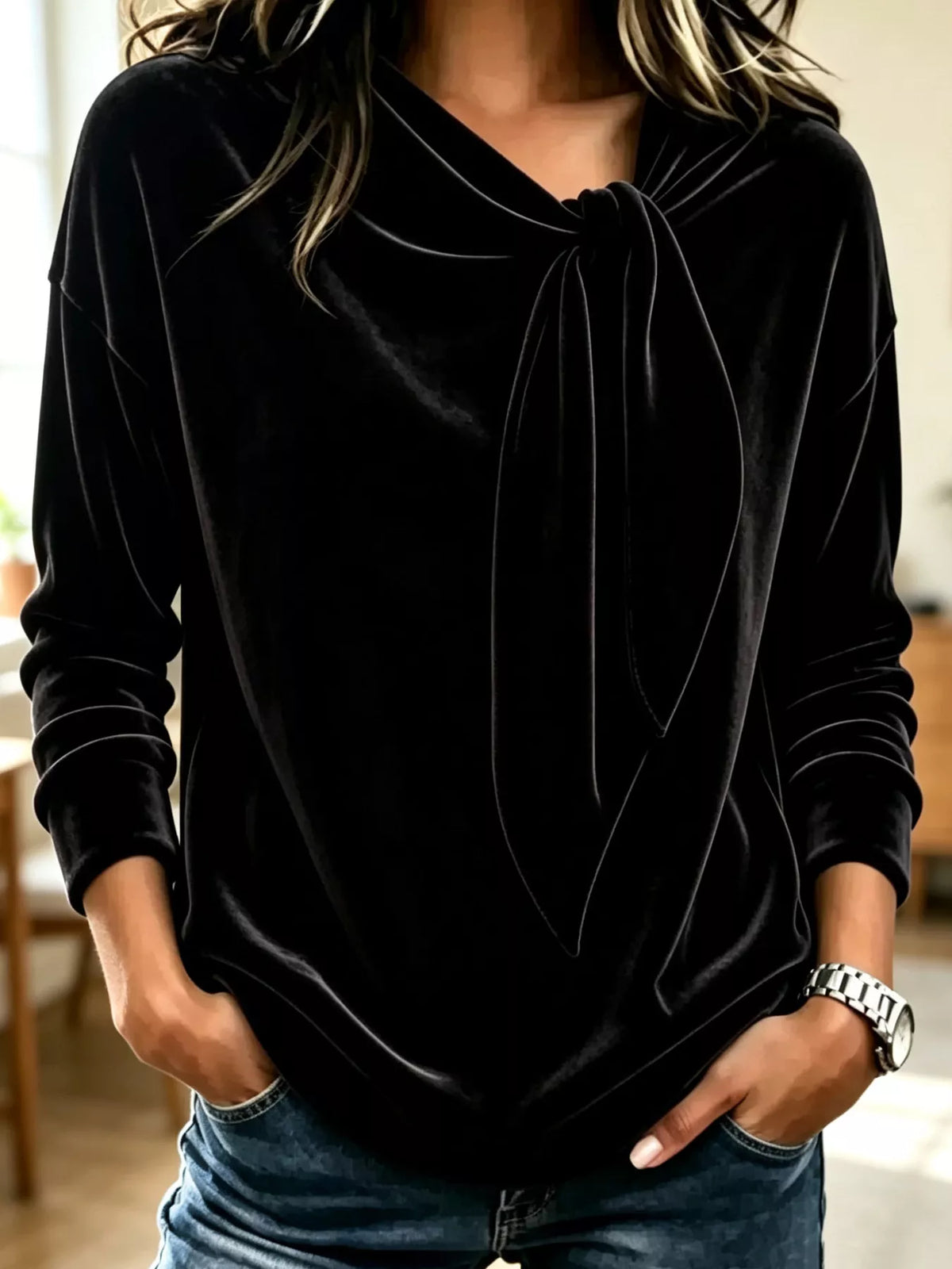 Velvet Tie Front Long Sleeve Sweatshirt in Black