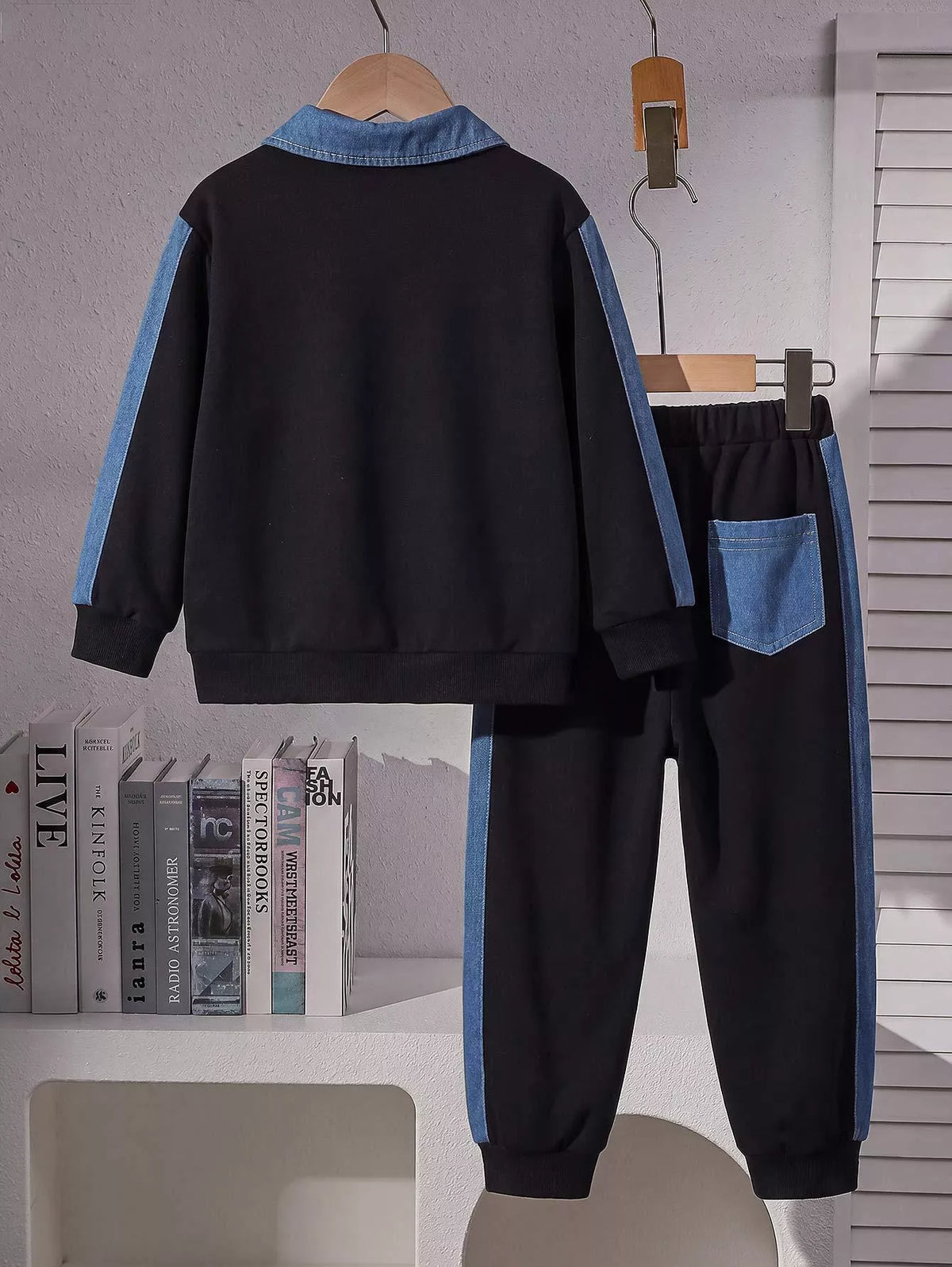 Children's Contrast Polo Shirt and Joggers Set in Black, view 2