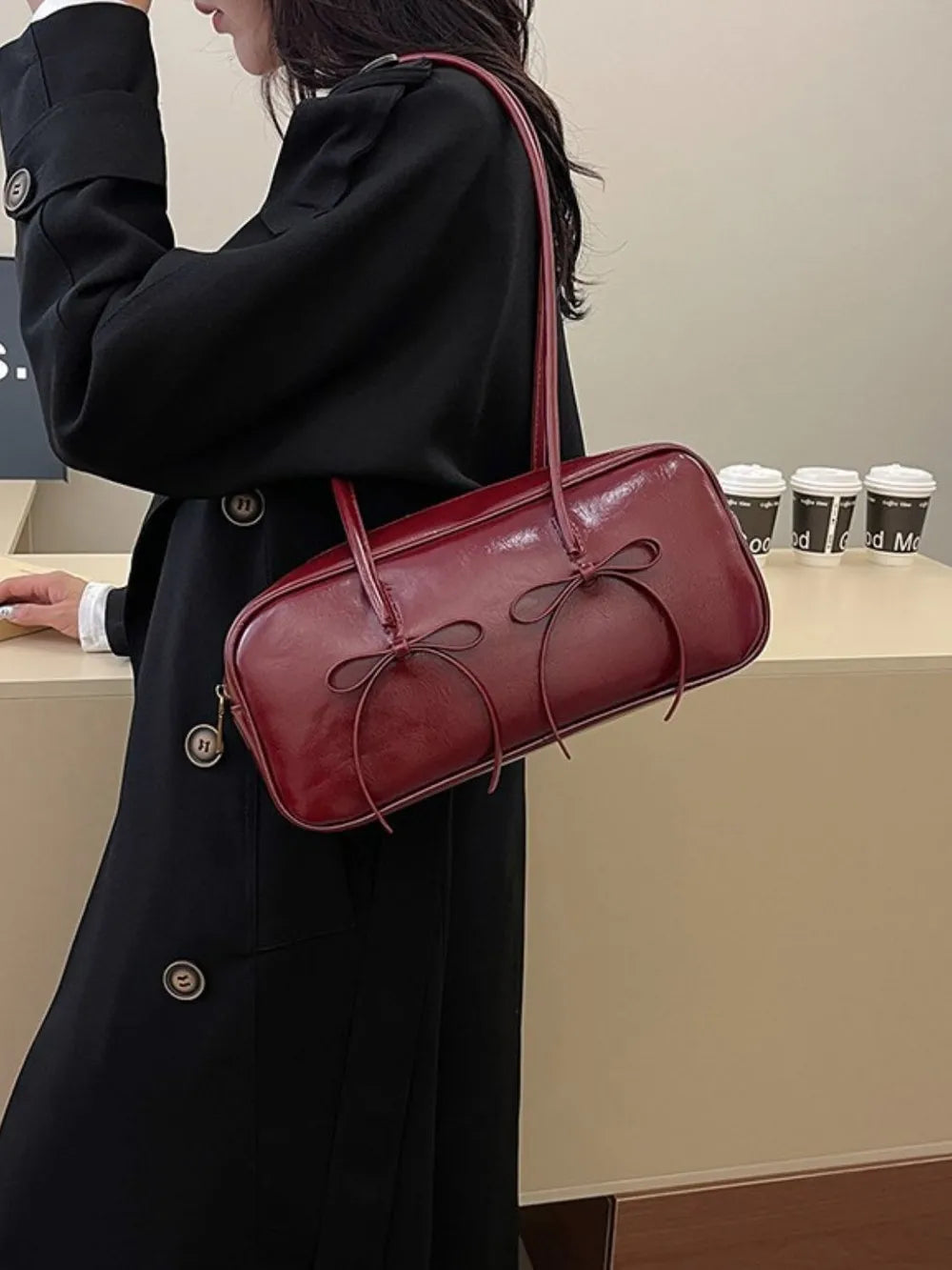PU Leather Bow Trim Shoulder Bag - Lilixa.store