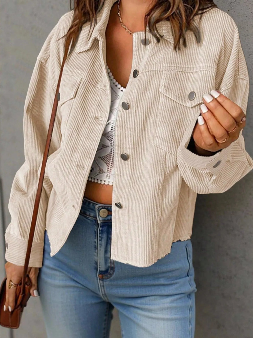 Corduroy Button-Down Shacket in Apricot