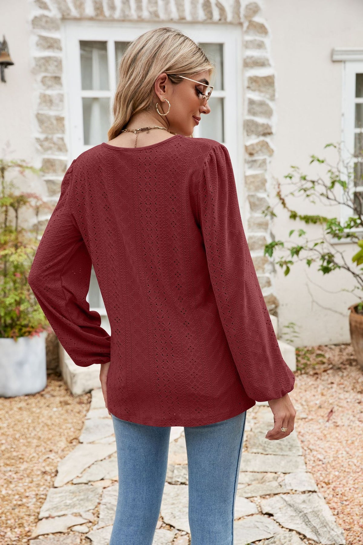 Eyelet Notched Neck Balloon Sleeve Blouse, view 6