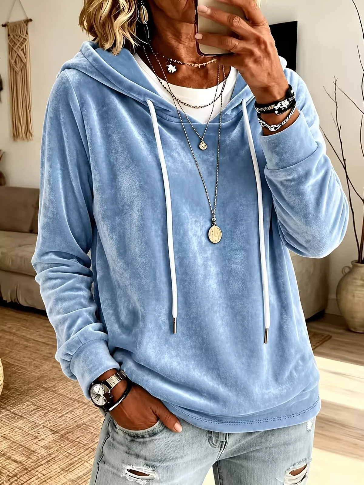 Full Size Drawstring Velvet Long Sleeve Hoodie Plus Size in Sky Blue