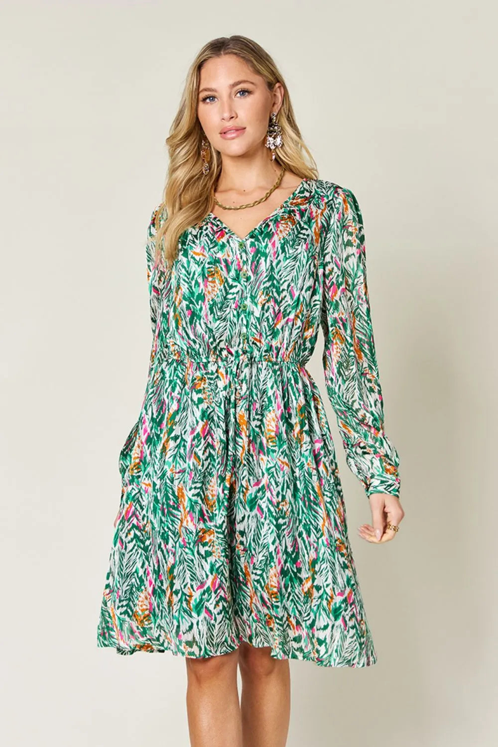Double Take Full Size Printed Drawstring Waist Long Sleeve Dress - Lilixa.store