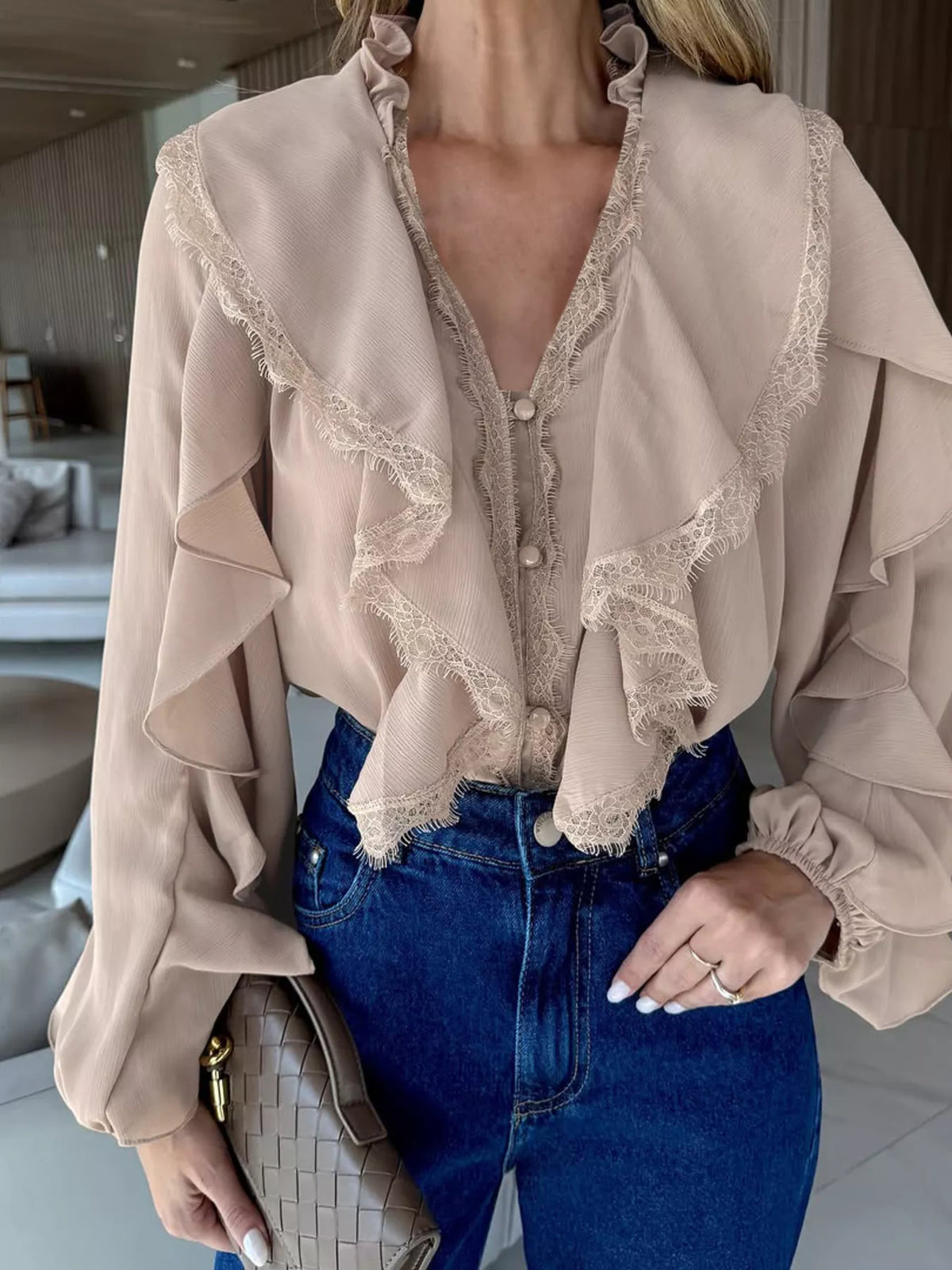V-Neck Ruffled Lace Trim Blouse, view 6