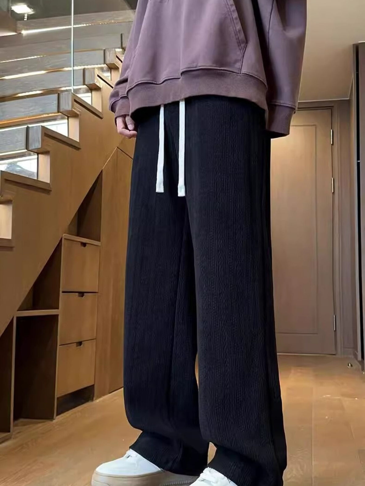 Men's Plus Size Texture Wide Leg Pants in Black
