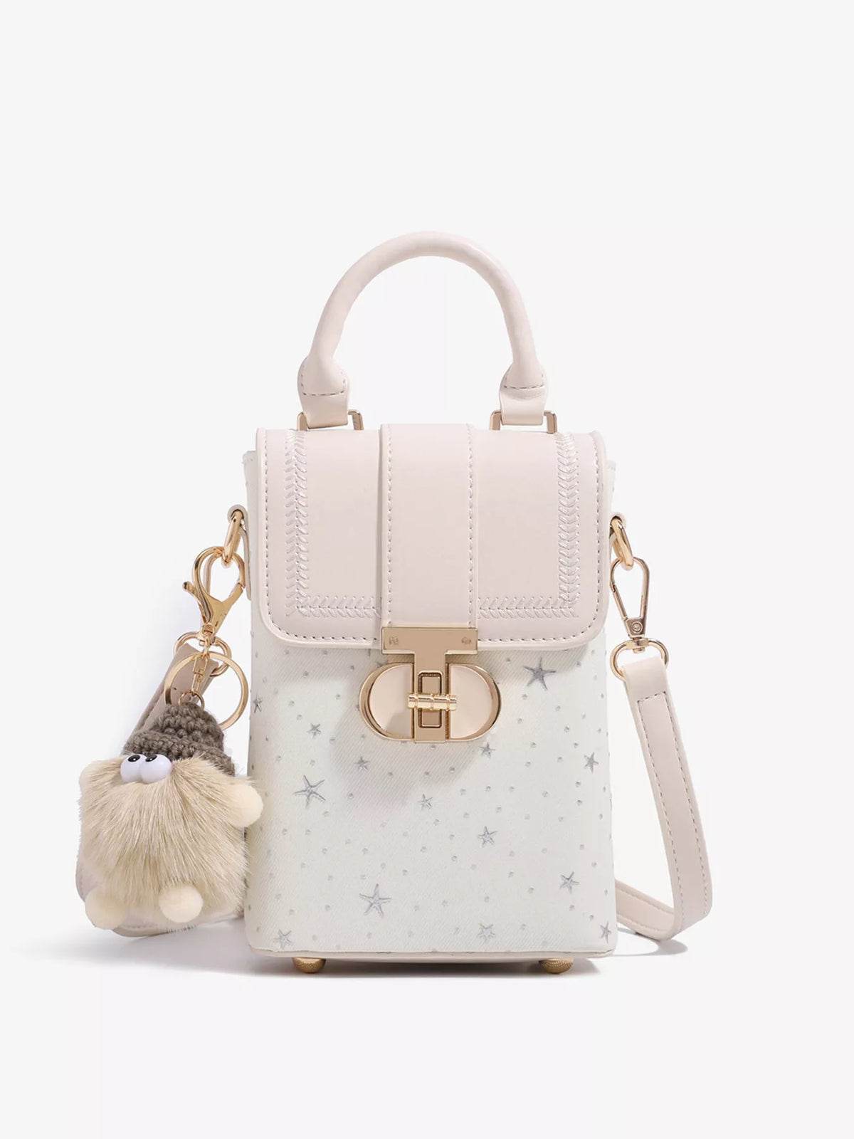 Star-Patterned Mini Crossbody Bag with Plush Charm in White, view 7