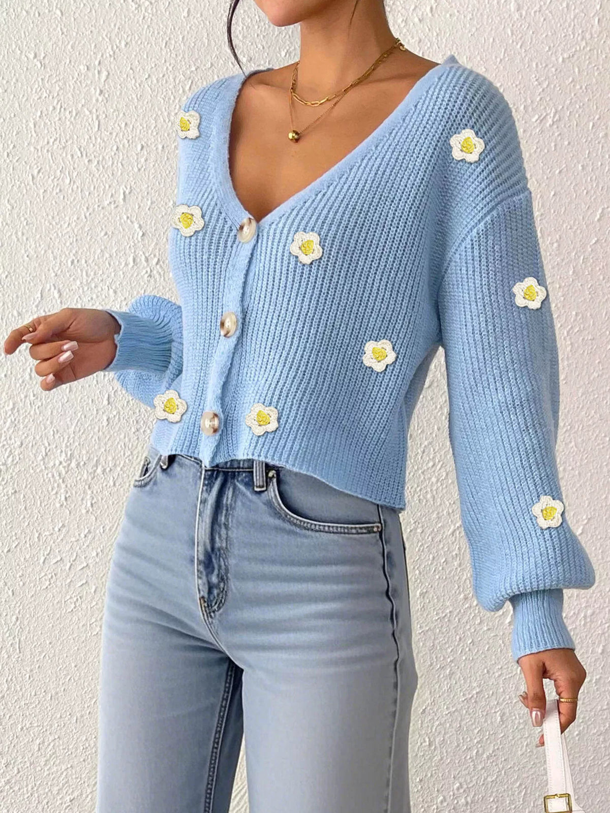 Floral V-Neck Button-Down Cropped Cardigan - Lilixa.store