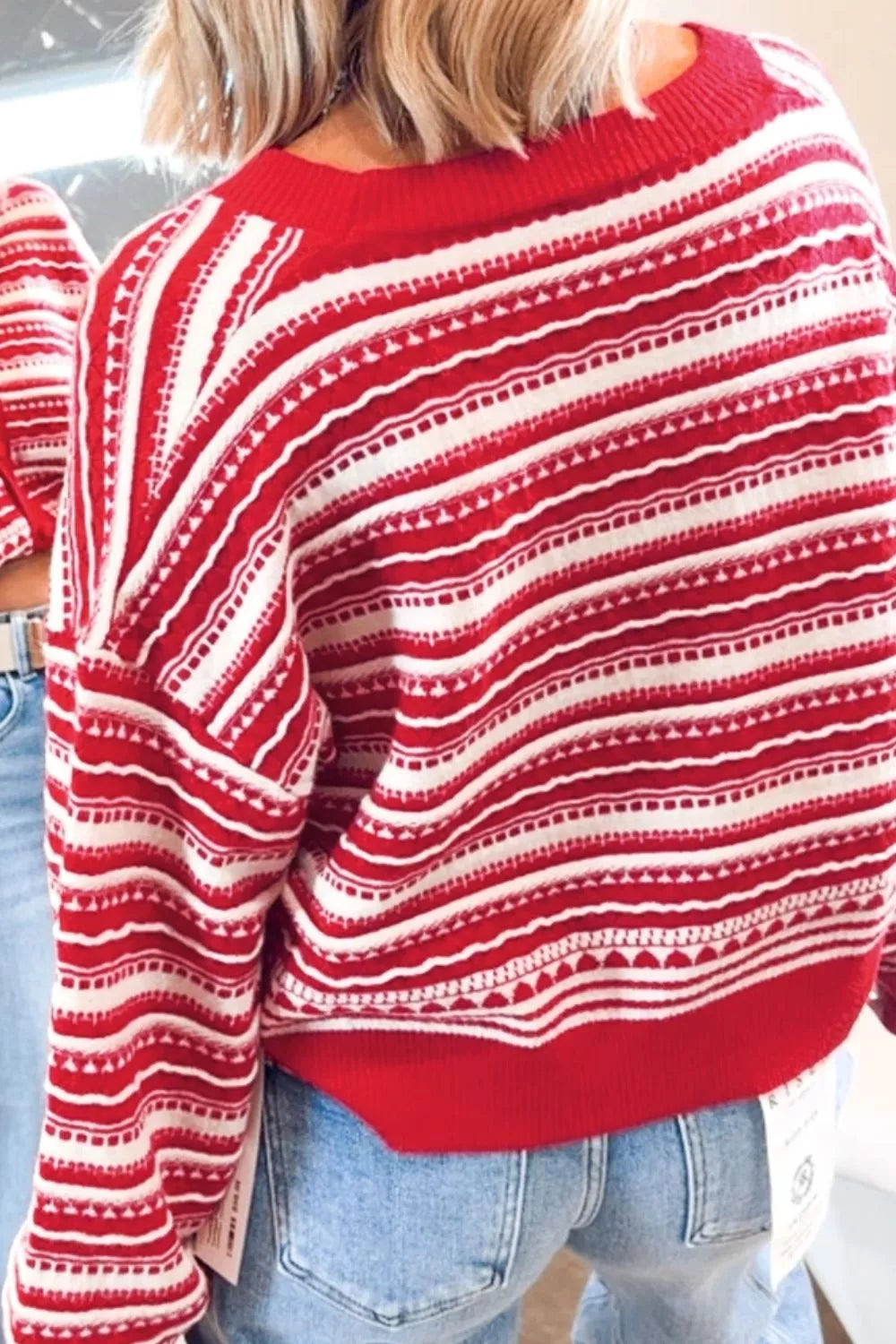 Geometric Striped Pattern V Neck Button Front Casual Knit Cardigan - Lilixa.store