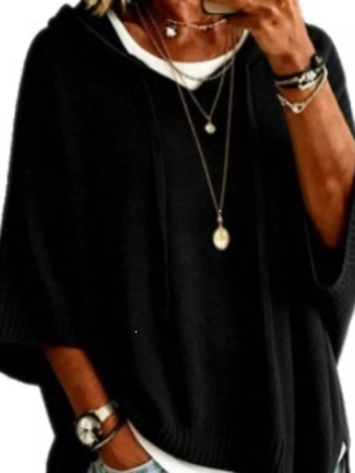 Casual Loose Fit Hooded Knit Sweater with Ribbed Hem, view 3