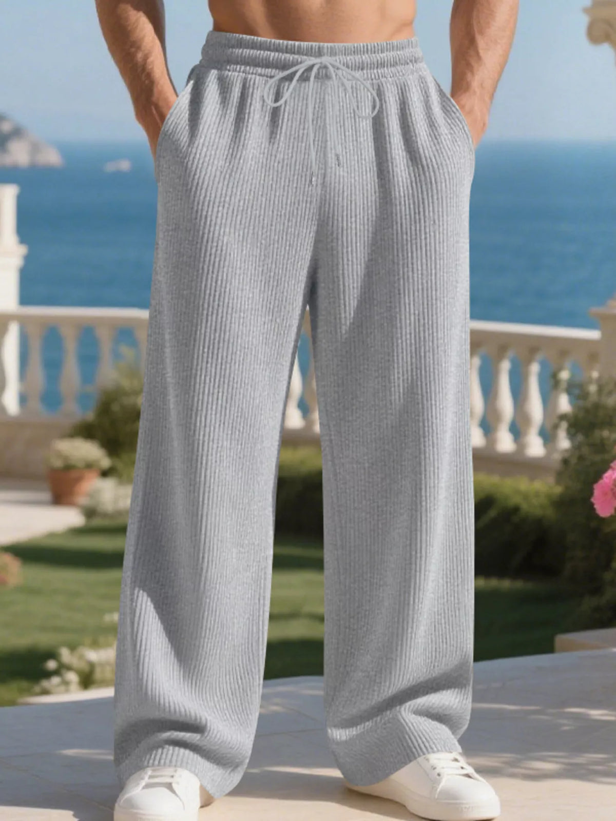 Men's Full Size Relaxed Fit Drawstring Pants Plus Size in Light Gray
