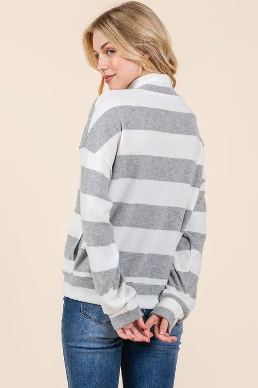 BOMBOM Striped Quarter Zip Drop Shoulder Sweatshirt - Lilixa.store