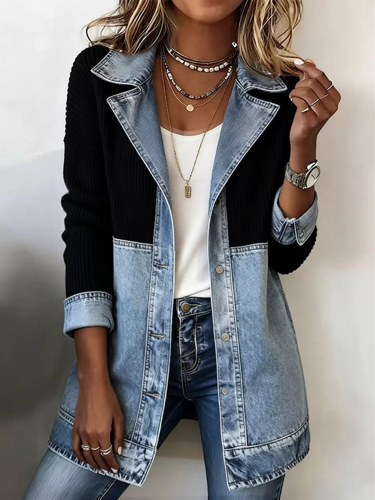 Color-Block Denim and Knit Patchwork Casual Jacket