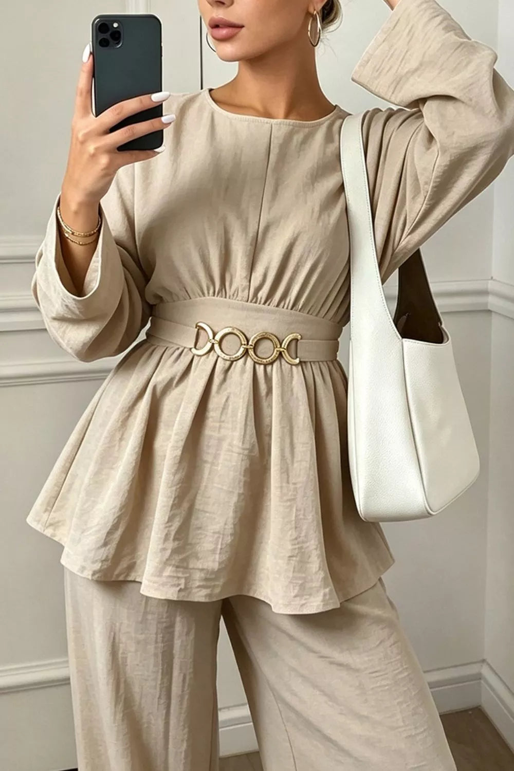 Metal Chain Waist Detail Top and Pants Set - Lilixa.store