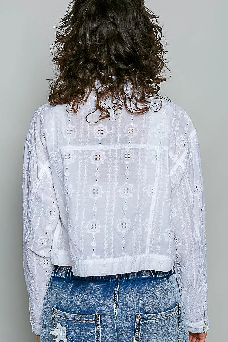 POL Eyelet Textured Cotton Cropped Button Front Jacket in Off White, view 3