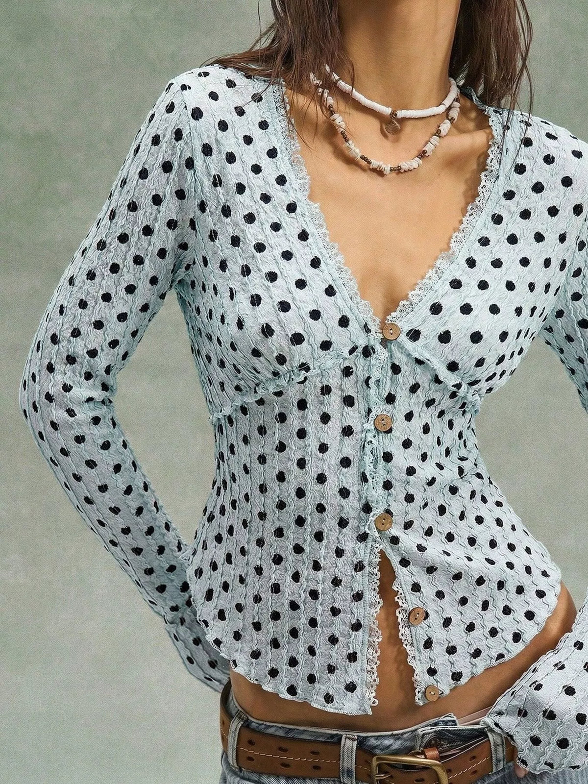 Polka Dot Button Down Textured Long Sleeve Blouse, view 11