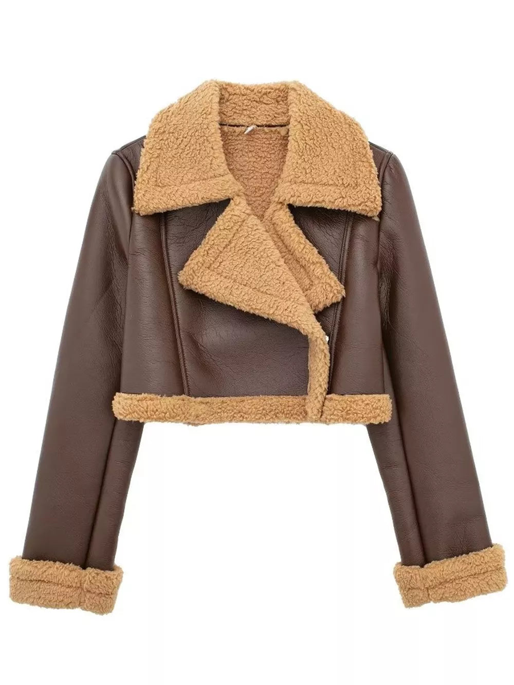 Collared Neck Long Sleeve Plush Cropped Jacket in Brown
