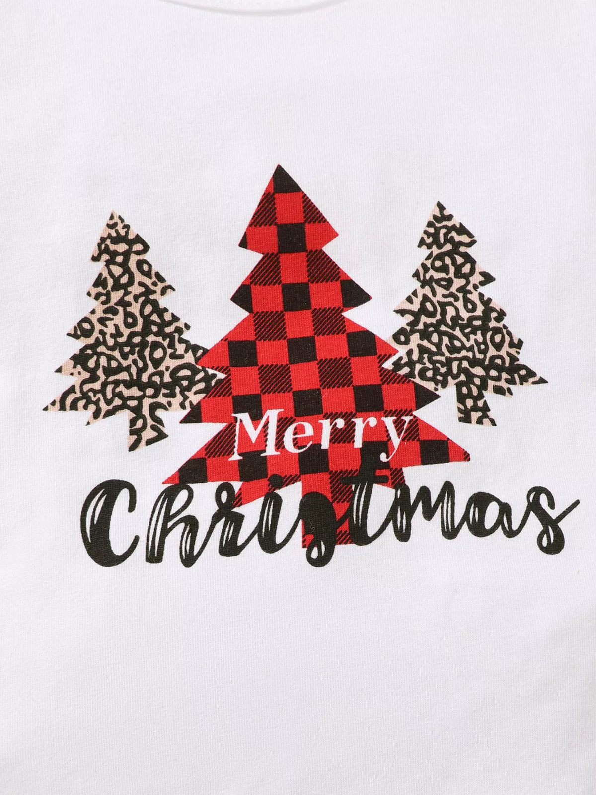 Children's Christmas Tree Graphic Top and Plaid Ruffle Pants Set with Headband in Red, view 5