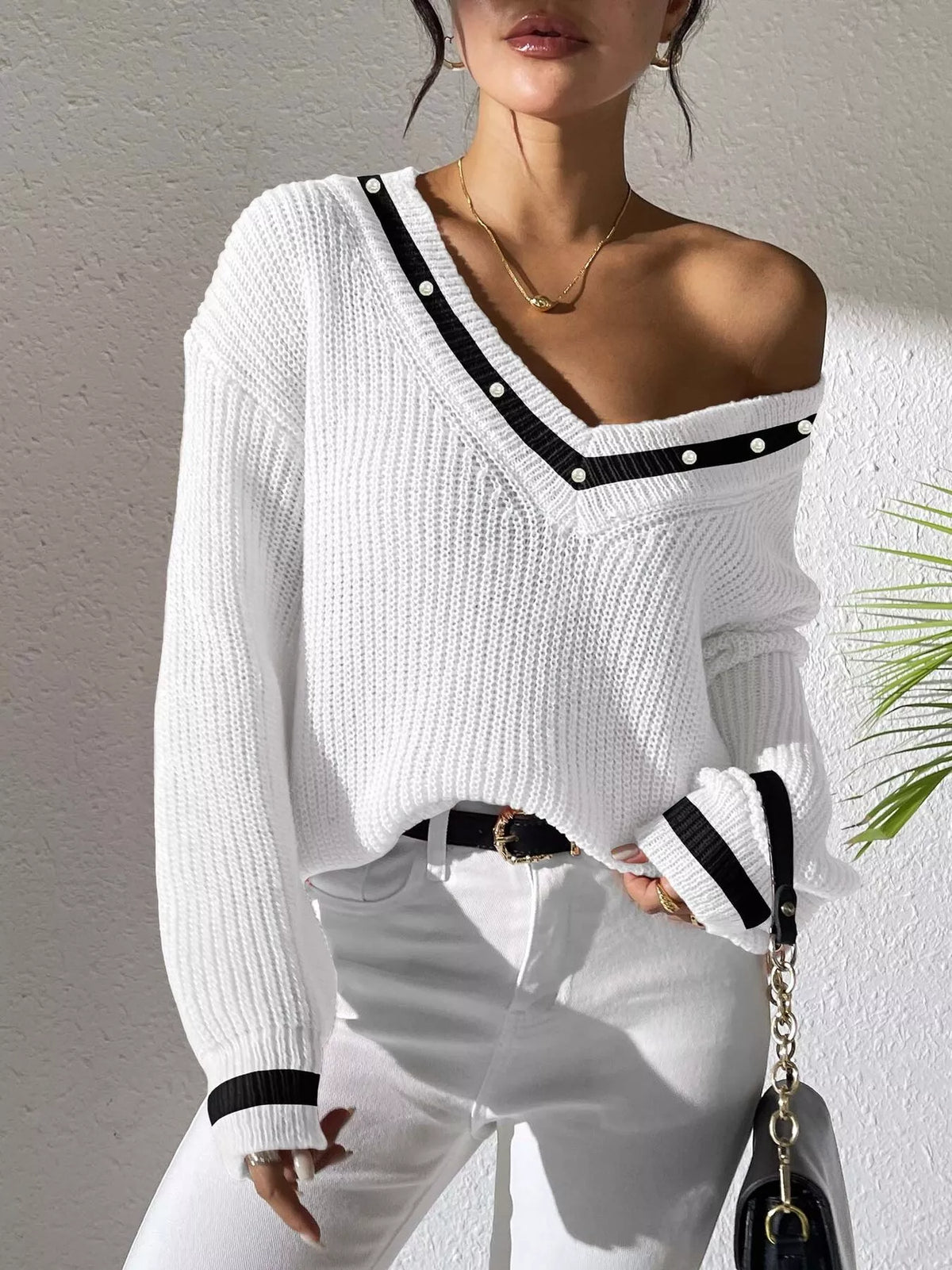 V-Neck Contrast Trim Sweater with Pearl Decor, view 8