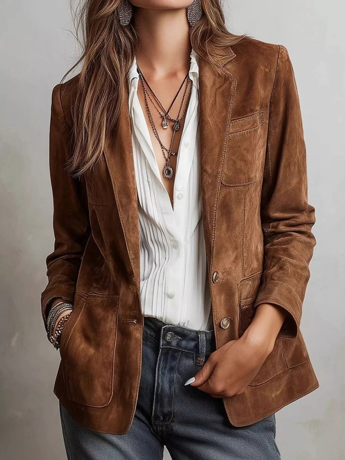 Full Size Lapel Collar Button Up Blazer Plus Size in Caramel
