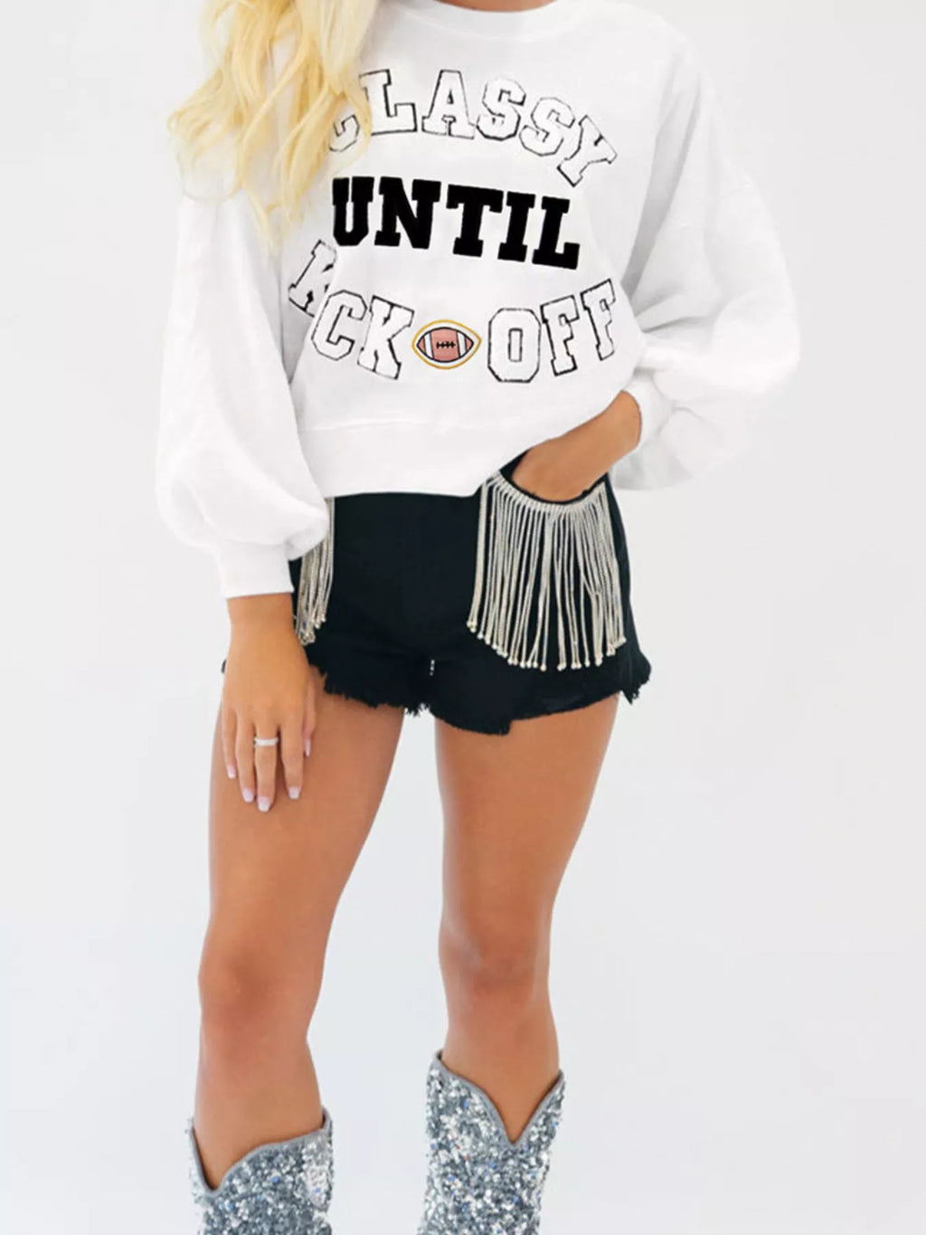 CLASSY UNTIL KICKOFF Plush Letter Patched Loose Sweatshirt - Lilixa.store