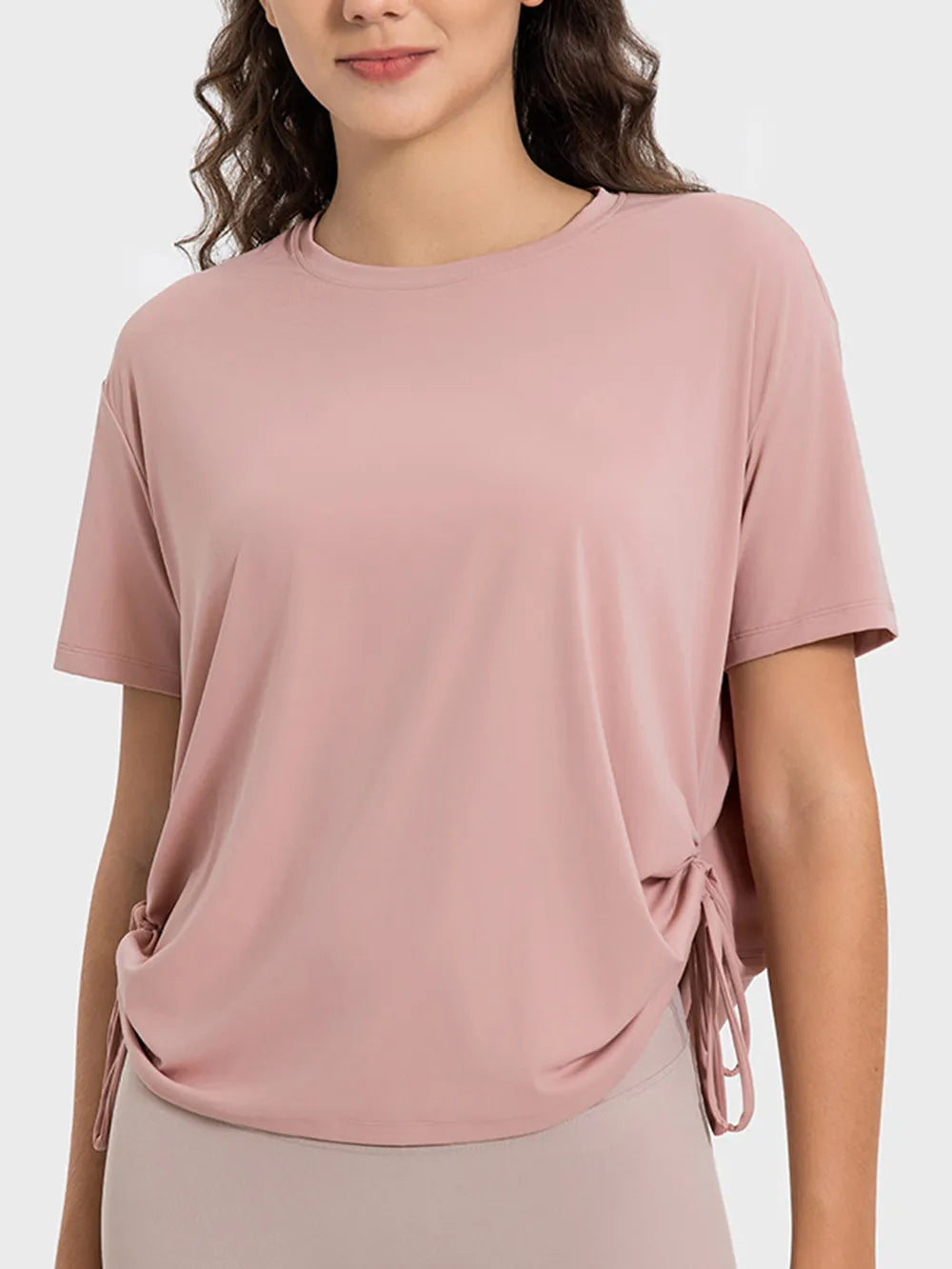 Millennia Drawstring Round Neck Short Sleeve Active T-Shirt - Lilixa.store