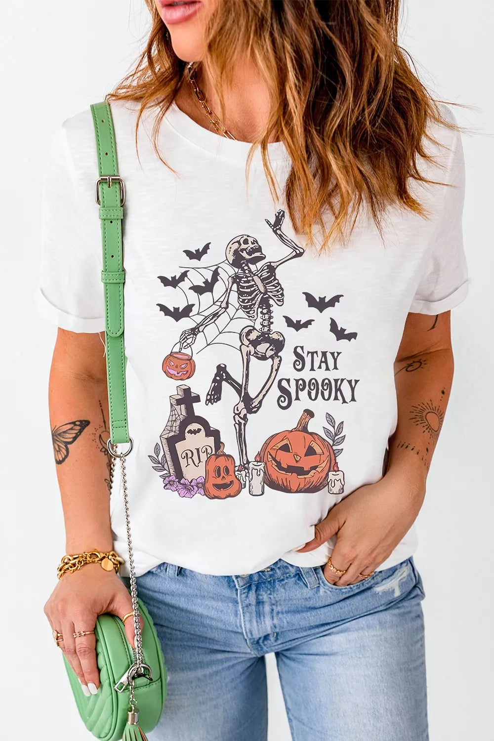 Full Size Skull Pumpkin Face STAY SPOOKY Graphic Halloween T Shirt Plus Size - Lilixa.store