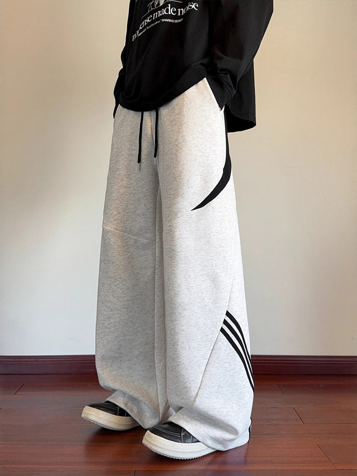 Men's Plus Size Wide Leg Casual Sweatpants with Stripe Detail in Light Gray