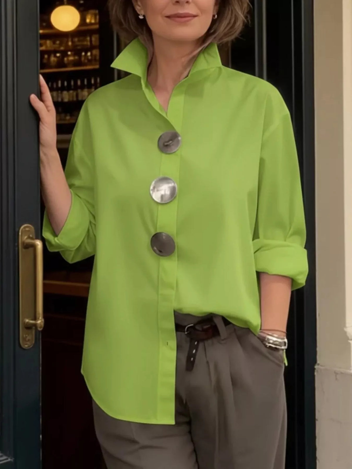 Full Size Oversized Metal Button Long Sleeve Shirt Plus Size - Lilixa.store