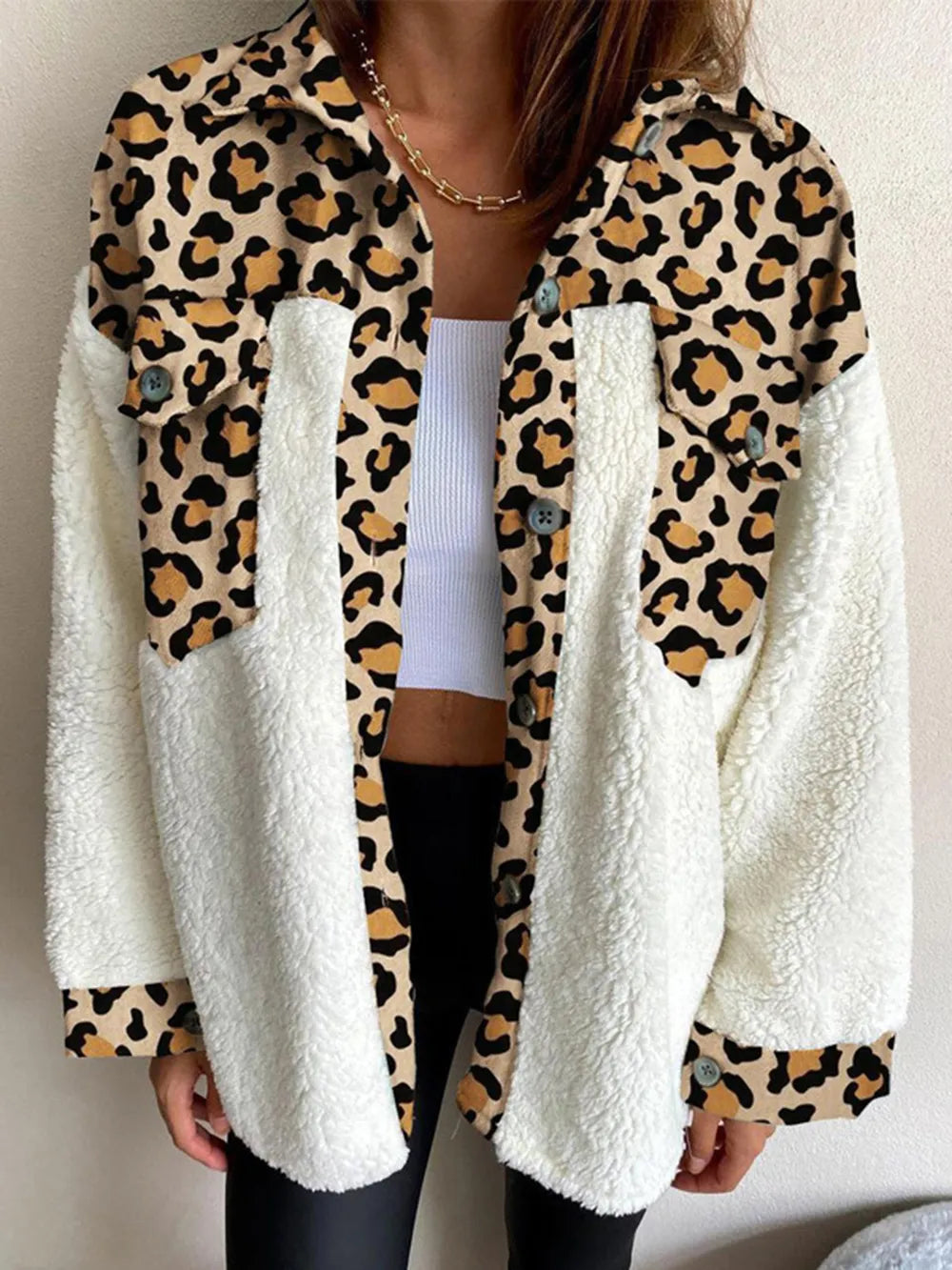 Fuzzy Button Up Long Sleeve Jacket in Leopard
