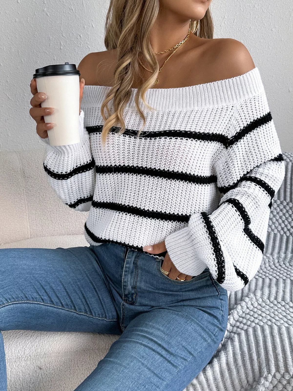 Off-Shoulder Striped Contrast Sweater, view 9