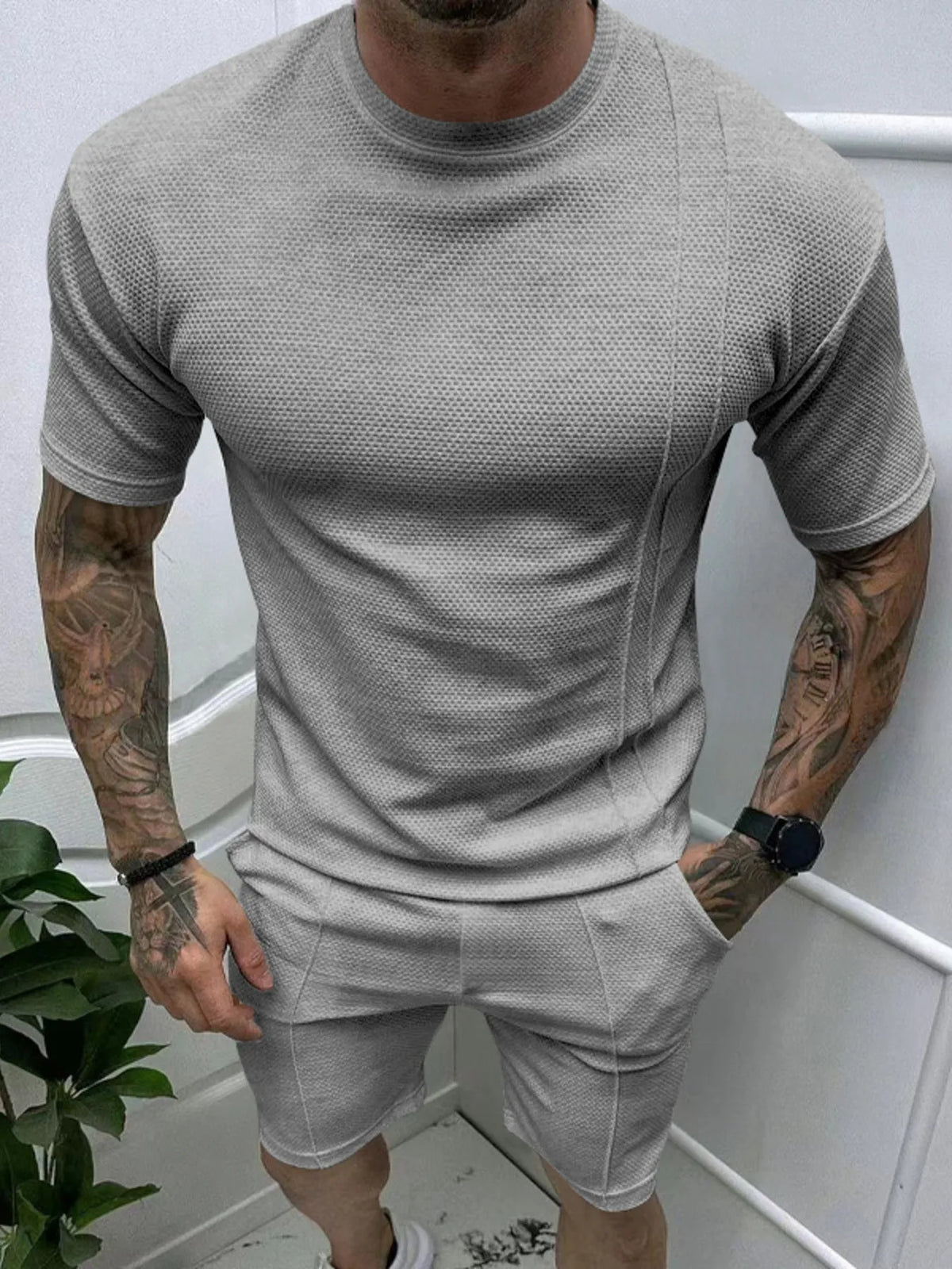 Men's Full Size Round Neck Tee and Shorts Set Plus Size in Light Gray