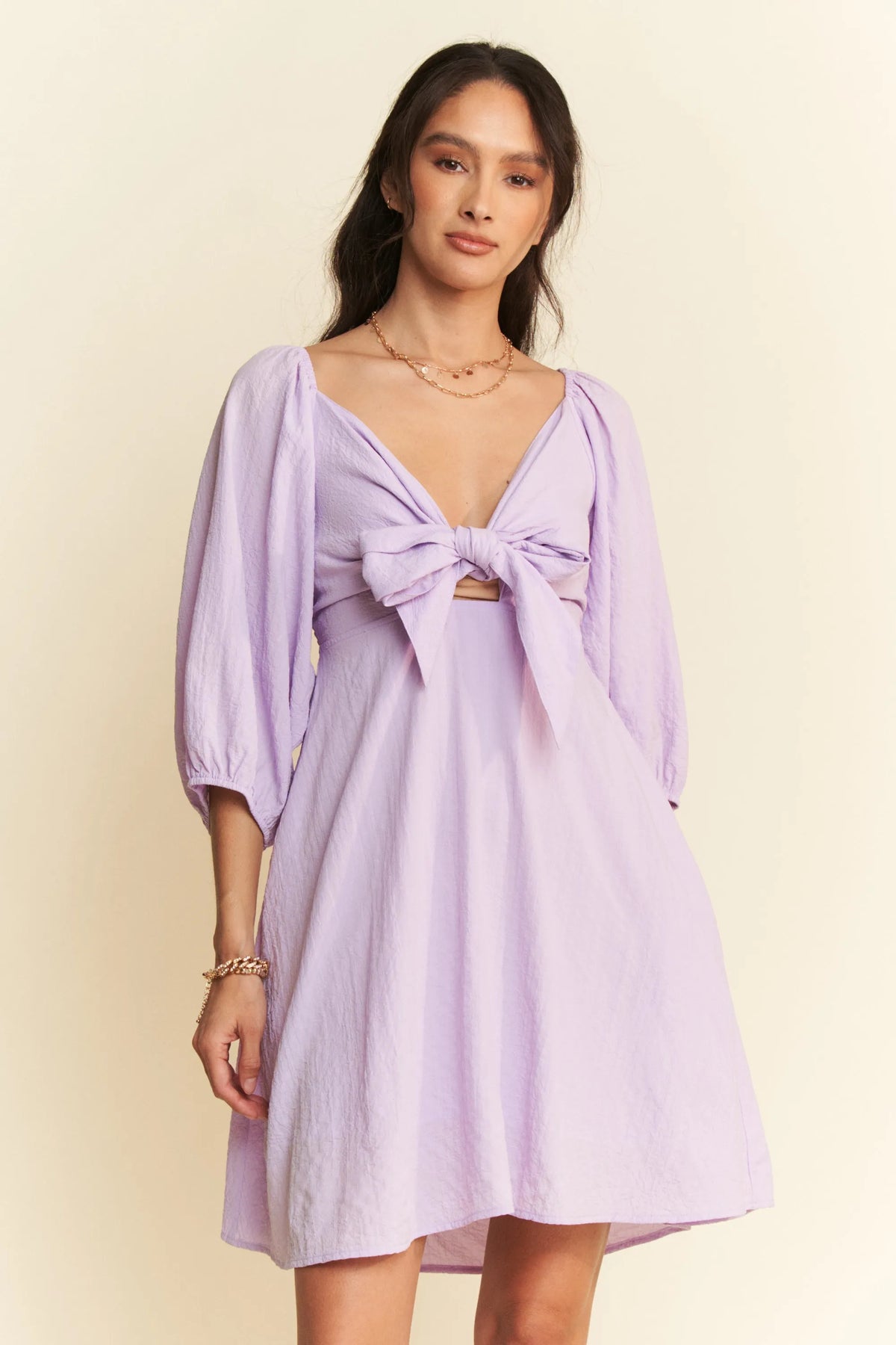 Davi & Dani Self-Tie Puff Sleeve Smocking Open Back Mini Dress - Lilixa.store