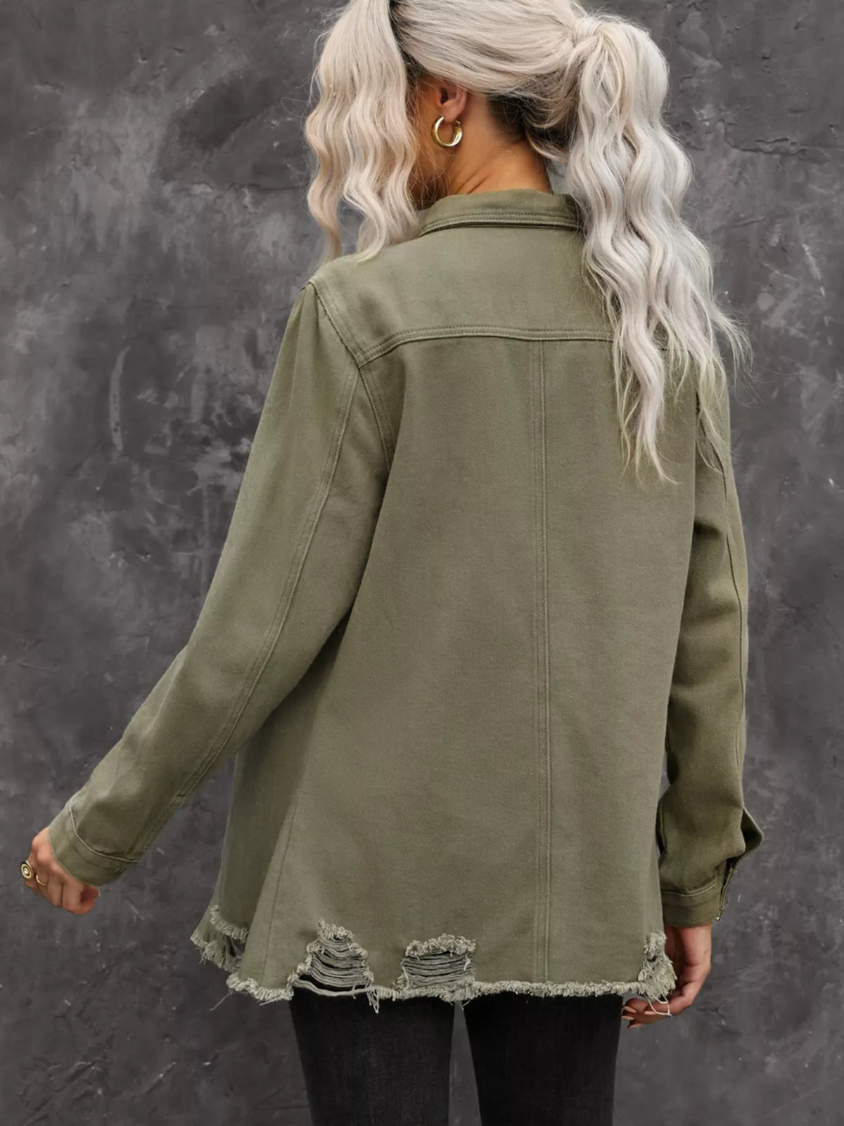 Raw Hem Distressed Denim Shirt Jacket in Army Green, view 5