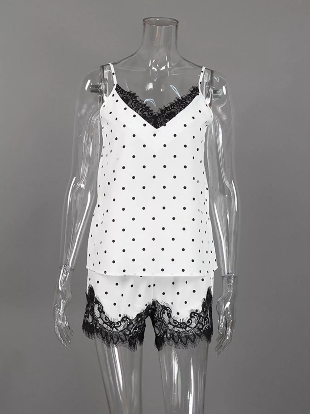 Polka Dot Lace Trim Cami & Cardigan and Shorts Set - Lilixa.store