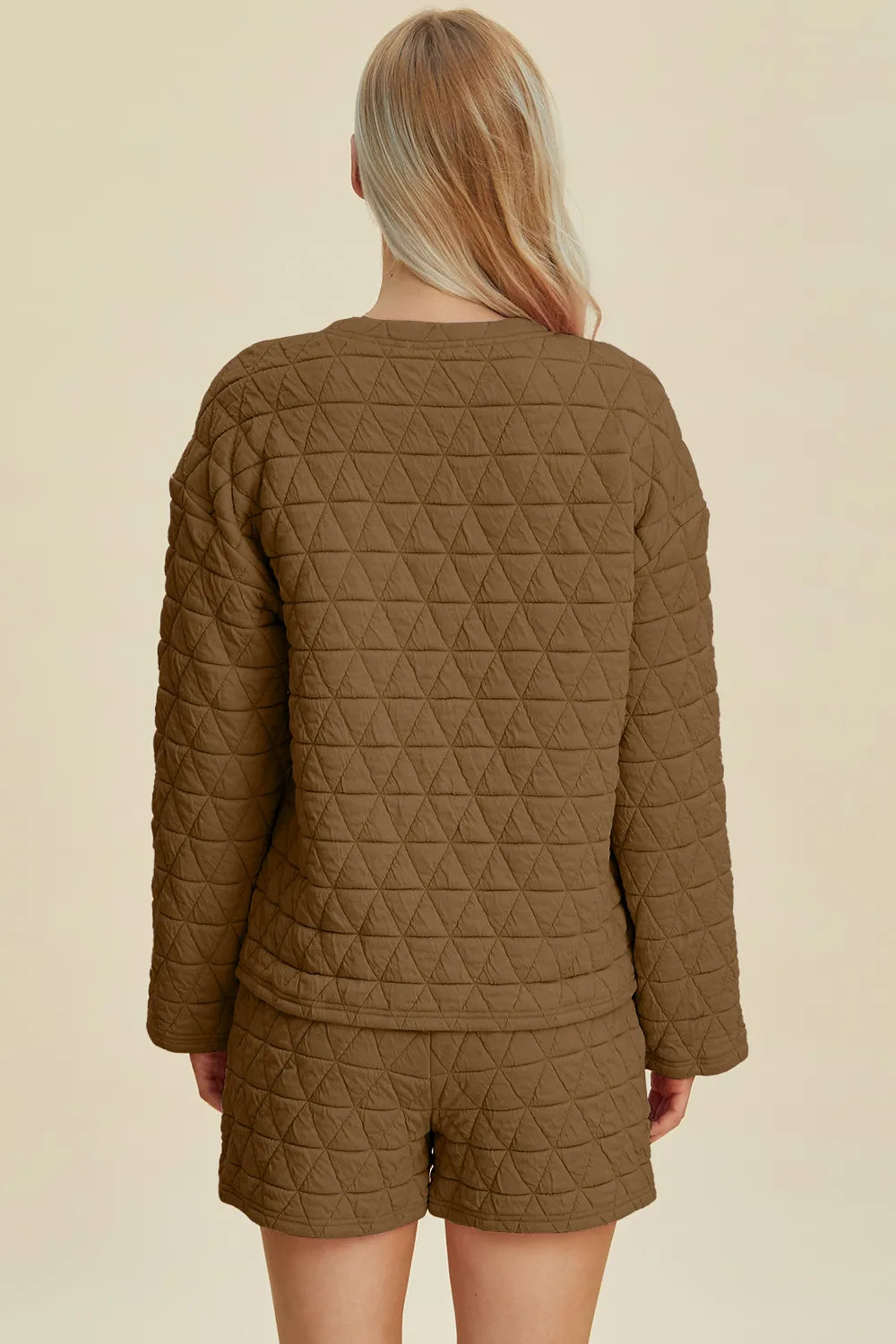 Double Take Full Size Texture Round Neck Long Sleeve Top and Shorts Set - Lilixa.store