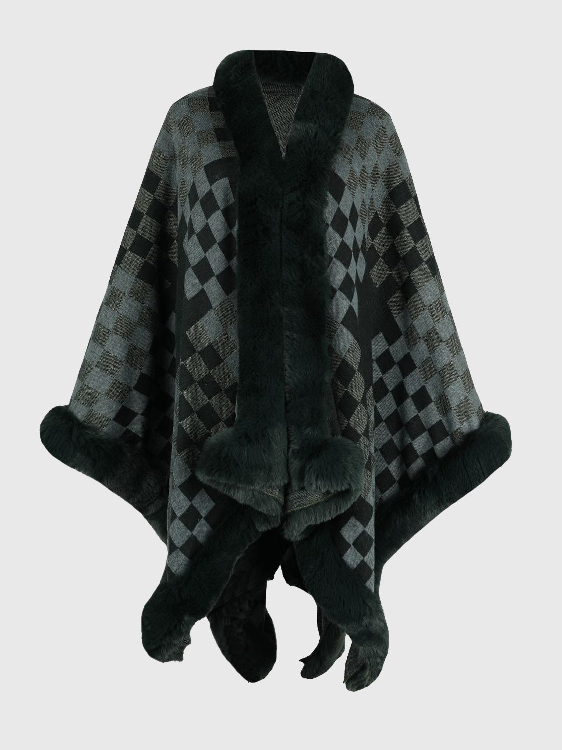 Checkered Faux Fur Trim Poncho in Sage