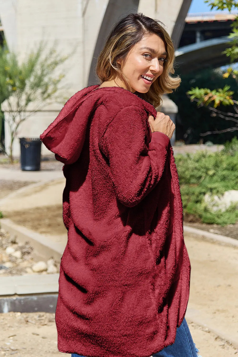 Double Take Full Size Hooded Teddy Bear Jacket with Thumbholes - Lilixa.store