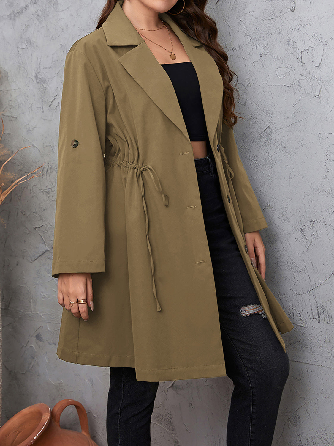 Honey Plus Size Lapel Collar Drawstring Roll-Tab Sleeve Trench Coat - Lilixa.store