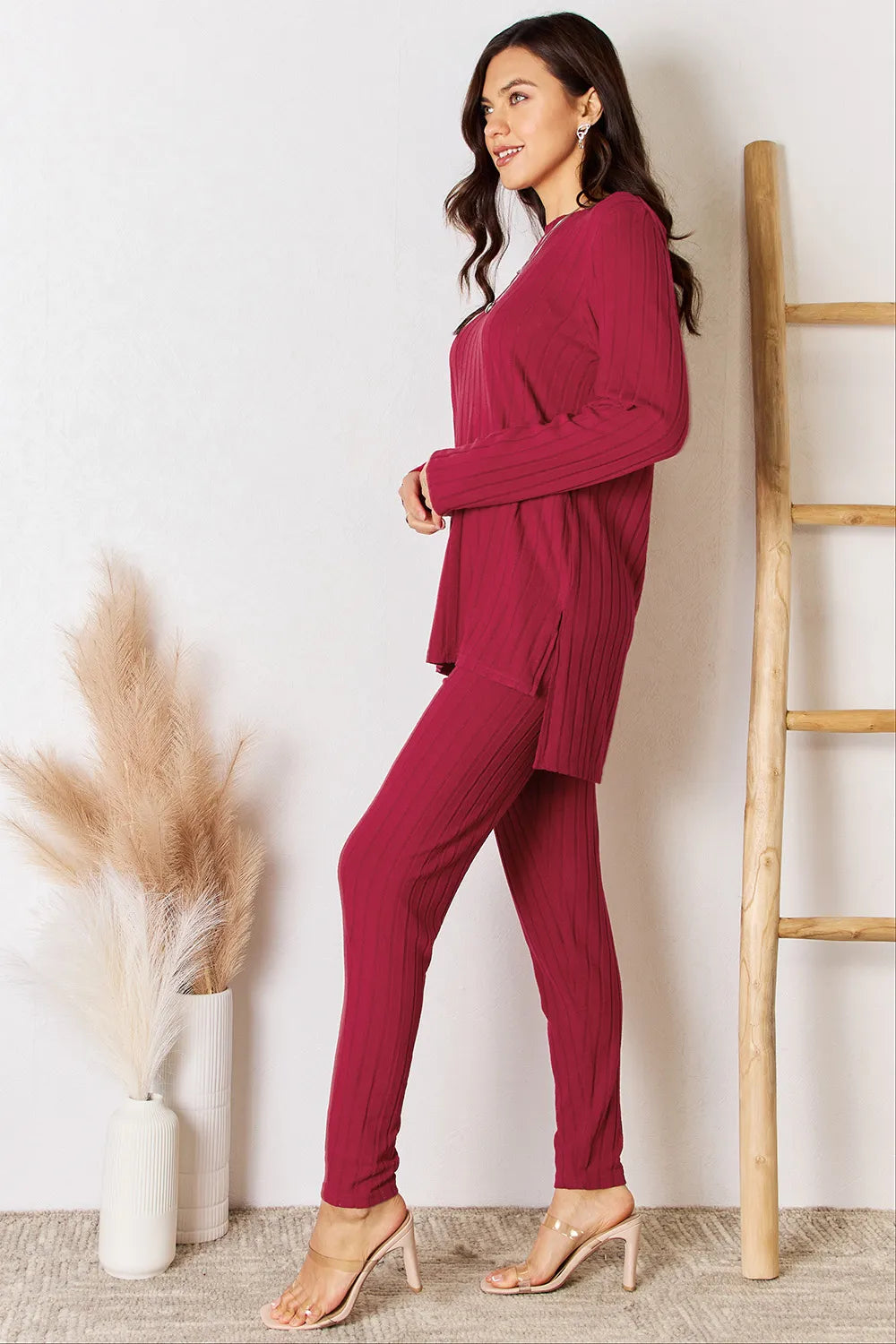 Basic Bae Full Size Ribbed Round Neck High-Low Slit Top and Pants Set - Lilixa.store