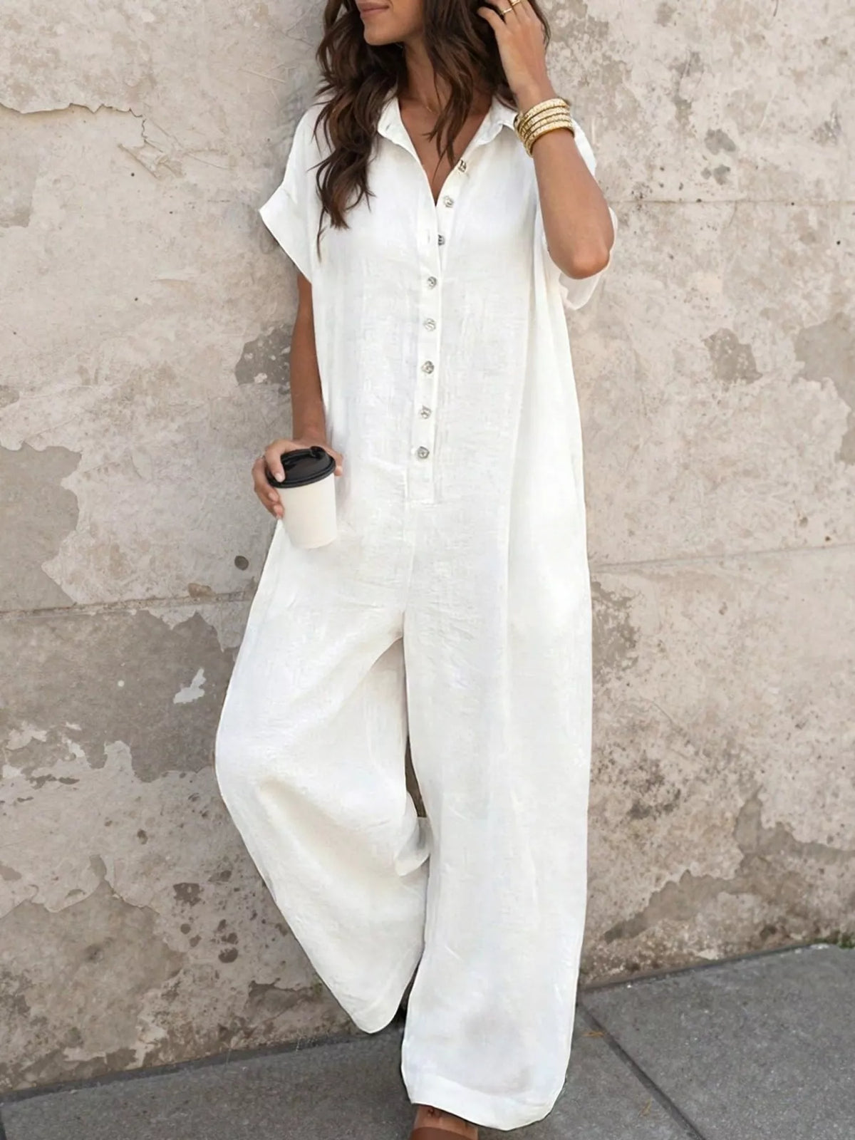 Button Front Short Sleeve Jumpsuit - Lilixa.store