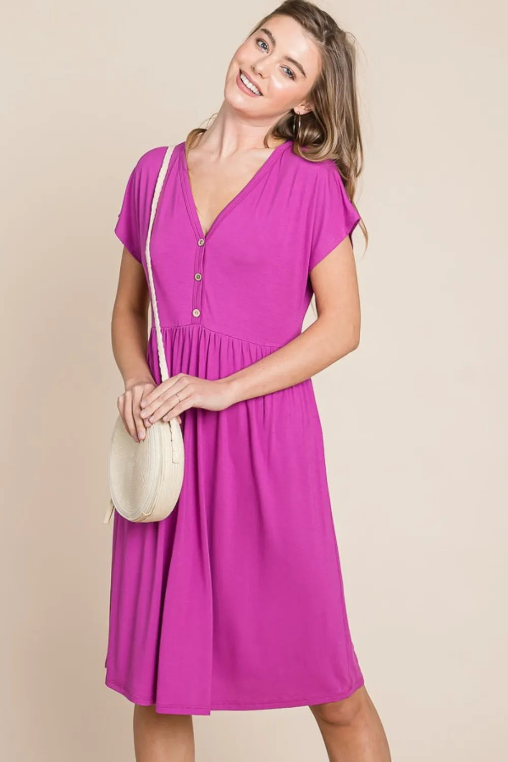 BOMBOM V-Neck Short Sleeve Dress - Lilixa.store