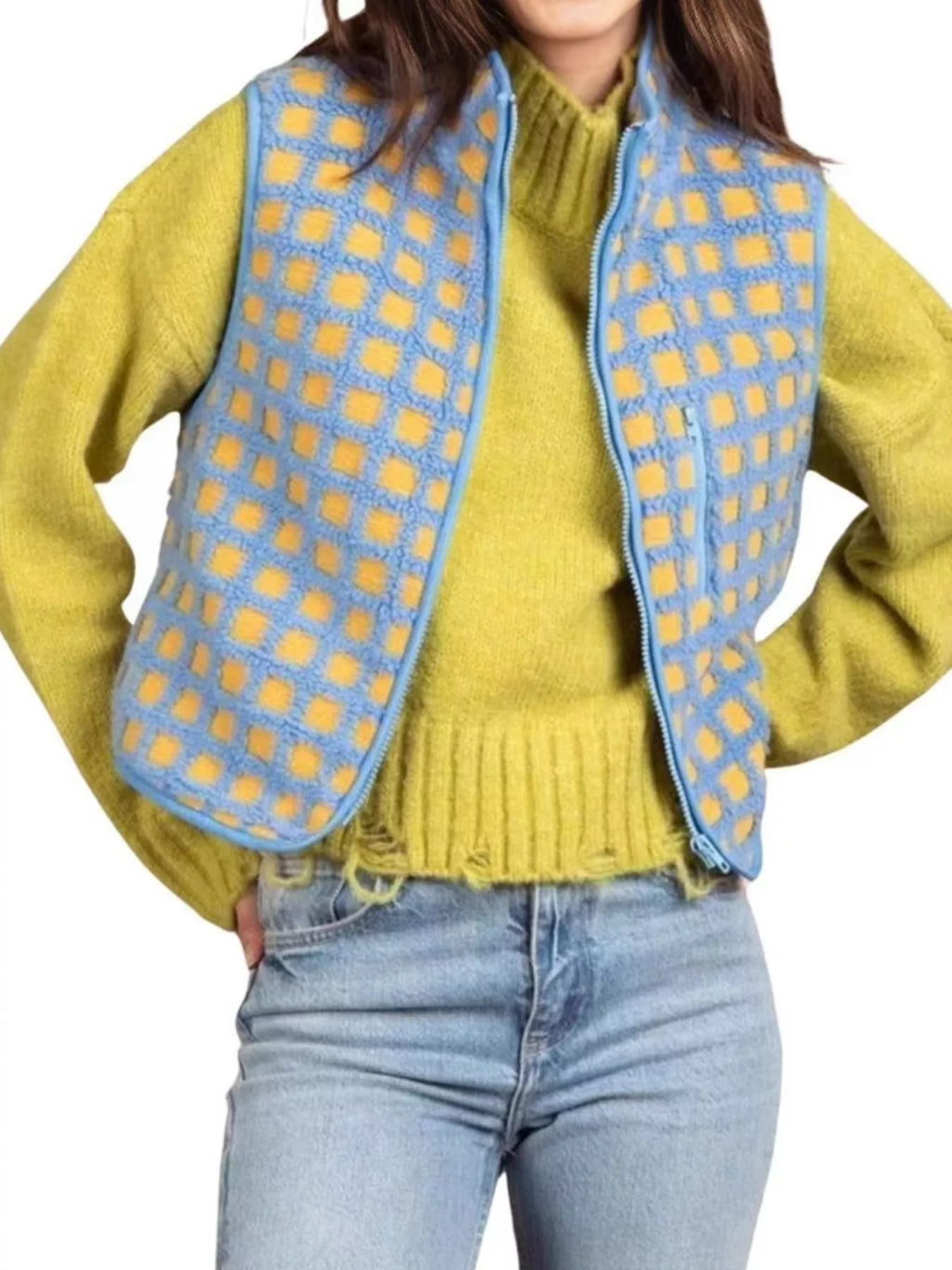 Plaid Zip Up Vest Coat - Lilixa.store