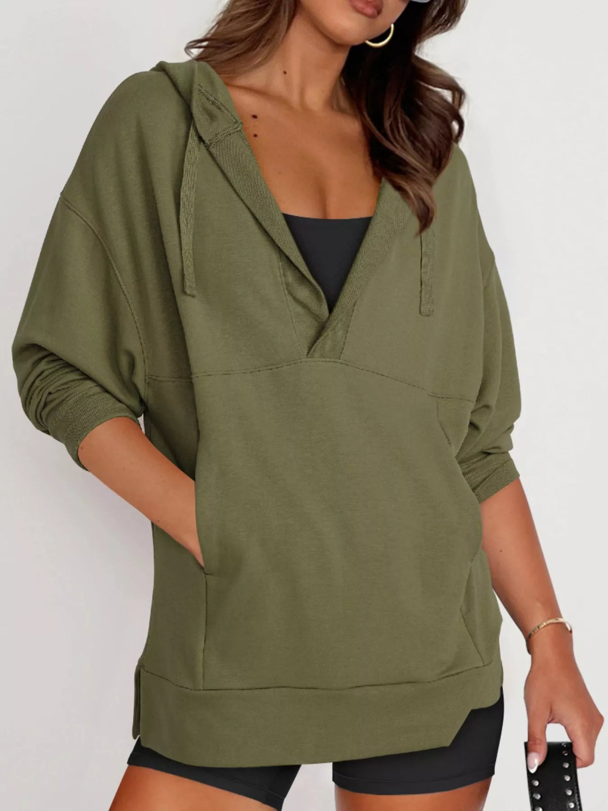 Drawstring Kangaroo Pocket Long Sleeve Hoodie - Lilixa.store