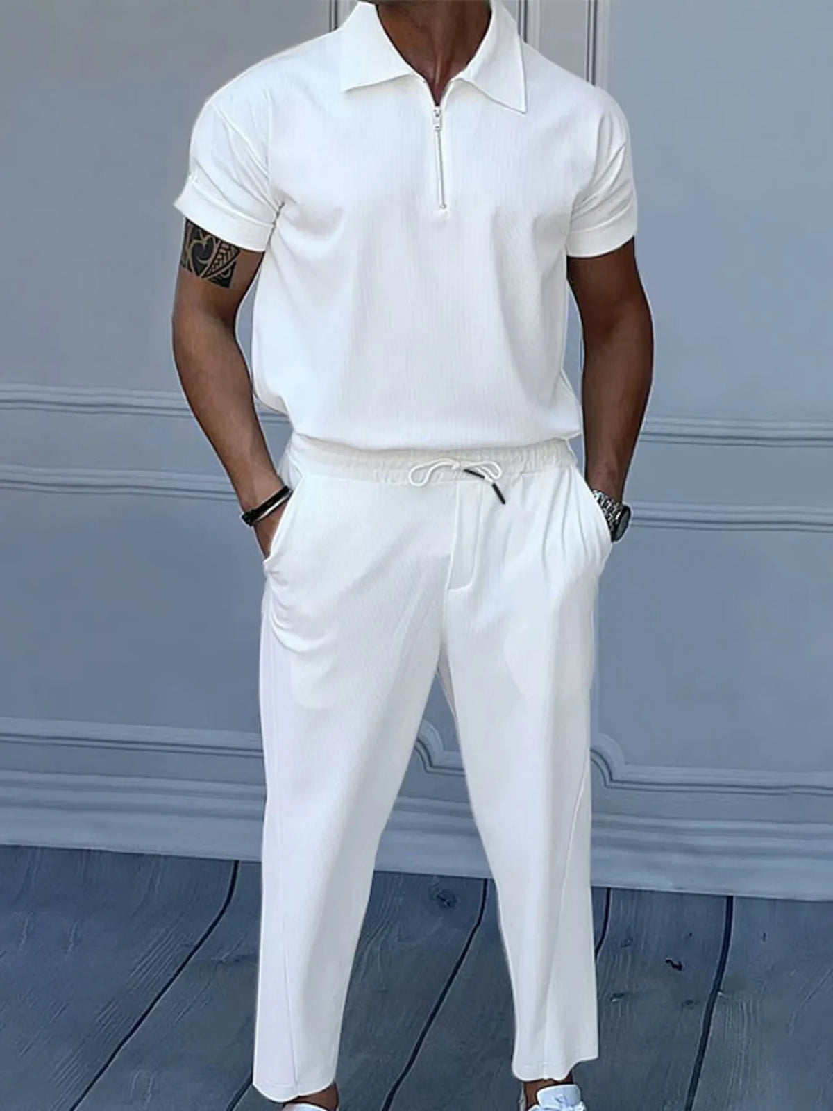 Men's Full Size Quarter Zip Short Sleeve Polo and Pants Set Plus Size in White